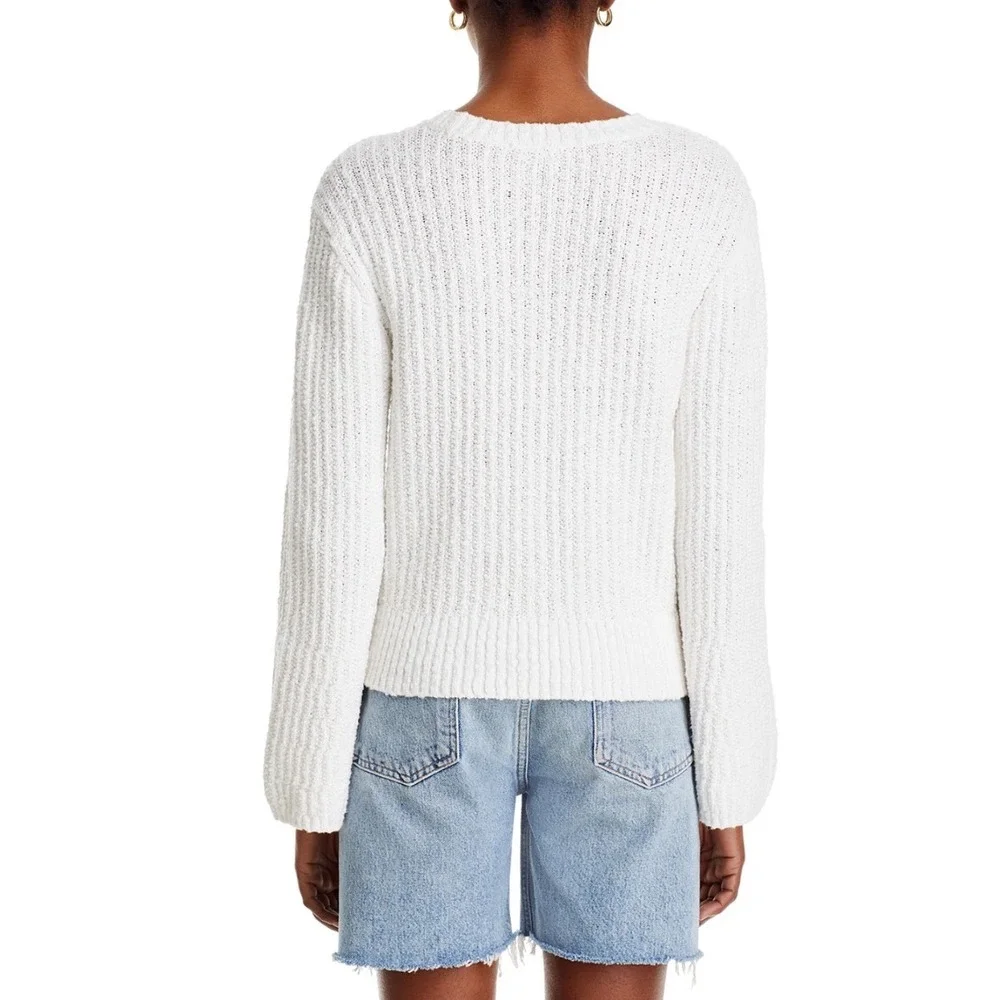 Paige Ambrosia Crewneck Sweater‎ White Ribbed Cotton Knit 8888G23-1165 SMALL